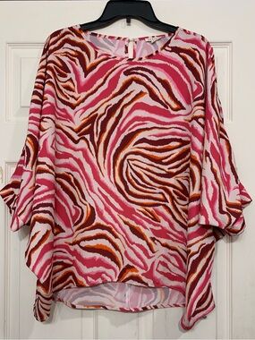 Jodifl Animal Print Zebra Pink Maroon Orange Oversized Large Blouse.        3729